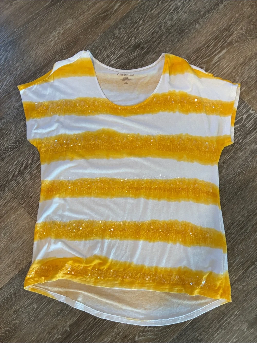 Coldwater Creek White and Yellow Striped Sequin Short Sleeve Tee